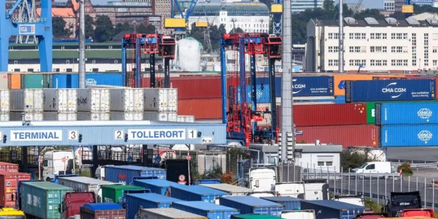 Container am Hamburger Hafen: Es wird damit gerchnet, dass vor allem in der Chemie- und der Autoindustrie die Exporte langsamer wachsen als erhofft. Foto: Markus Scholz/dpa/Symbolbild