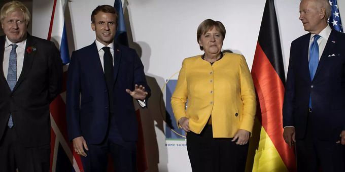 Boris Johnson (l-r), Premierminister von Grossbritannien, Emmanuel Macron, Präsident von Frankeich, Bundeskanzlerin Angela Merkel (CDU) und Joe Biden, Präsident der USA, treffen für den Joint Comprehensive Plan of Action (JCPOA) am Rande des G20-Gipfels ein. Foto: Oliver Weiken/dpa Boris Johnson (l-r), Premierminister von Grossbritannien, Emmanuel Macron, Präsident von Frankeich, Bundeskanzlerin Angela Merkel (CDU) und Joe Biden, Präsident der USA, treffen für den Joint Comprehensive Plan of Action (JCPOA) am Rande des G20-Gipfels ein. Foto: Oliver Weiken/dpa