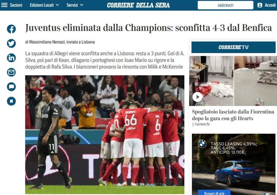 In der Überschrift von «Corriere della Sera» heisst es: Juventus aus der Champions League ausgeschieden. 4:3-Niederlage gegen Benfica Lissabon.