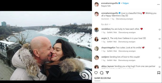 Emma Heming-Willis hat zum Valentinstag ein rührendes Pärchenfoto mit ihrem Ehemann Bruce Willis geteilt. Bruce Willis
