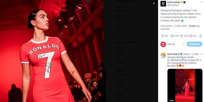 Georgina Rodríguez präsentierte bei der Modeschau ein Kleid, dass sie ihrem Partner Cristiano Ronaldo widmete. cristiano ronaldo