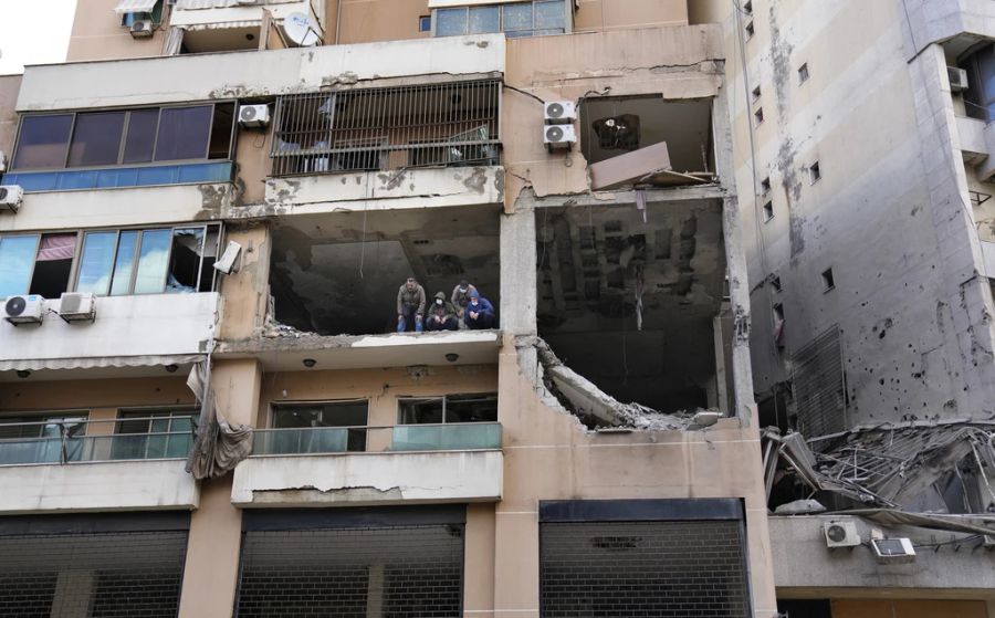 Das durch eine Explosion beschädigte Gebäude, in welchem Saleh al-Aruri getötet wurde, Beirut, Libanon, 3. Januar 2024.