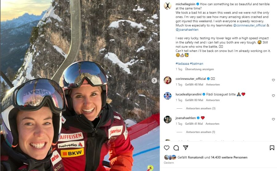 Michelle Gisin teilt mit, dass sie eine Schuhrandprellung erlitten hat. Bei Joana Hählen riss das Kreuzband in Cortina.