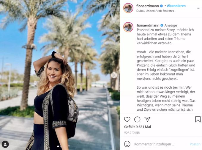 Fiona Erdmann spricht auf Instagram über ihren Erfolg. fiona erdmann