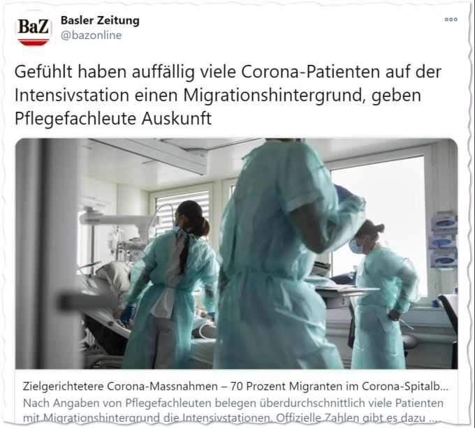Die «Basler Zeitung» vermutet, dass die Mehrheit der Corona-Spitalbetten mit Personen mit Migrationshintergrund belegt ist. Migranten Corona-Betten