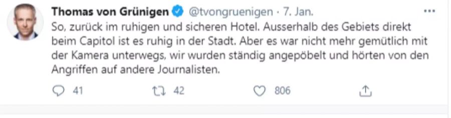 Thomas von Grünigen musste beim Sturm aufs Kapitol in Washington vor dem Trump-Mob flüchten und wurde angepöbelt.