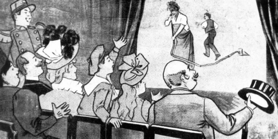 Werbeplakat für den Kinematographen der Brüder Lumière (1896) mit dem Kurzfilm «Der begossene Gärtner». Foto: dpa