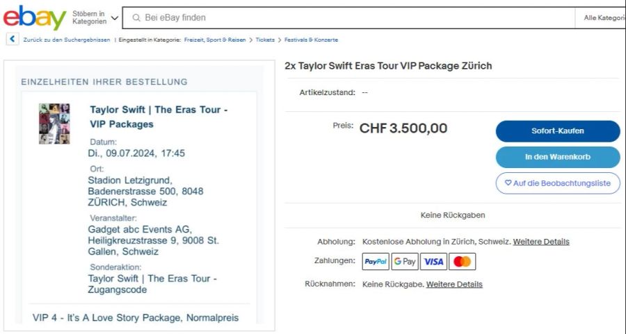 Zwei VIP-Tickets werden auf Ebay für 3500 Franken angeboten.