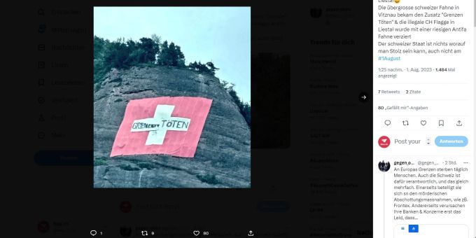 Mitten auf der Schweizer Flagge in Vitznau LU heisst es «Grenzen töten». Schweizer Flagge