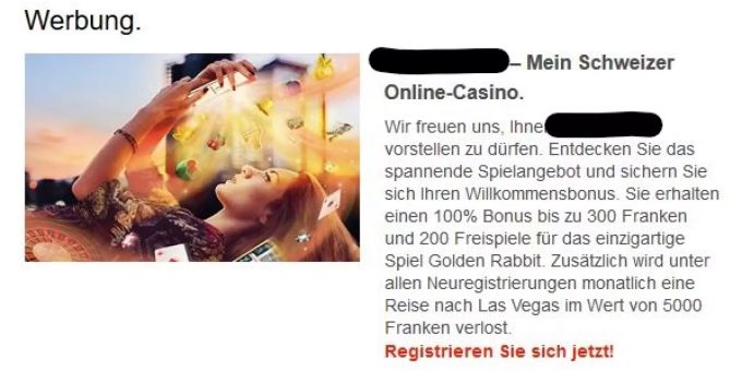 Im Newsletter der SBB macht ein Schweizer Online-Casino Werbung. SBB Casino