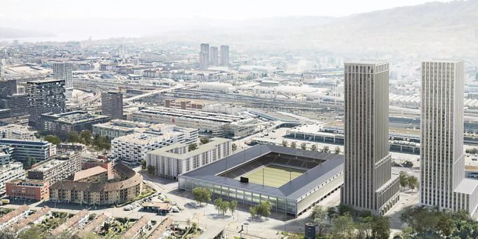 So soll das Projekt «Ensemble» auf dem Zürcher Hardturm-Areal mit Stadion und zwei Wohntürmen aussehen. Hardturm-Fussballstadion