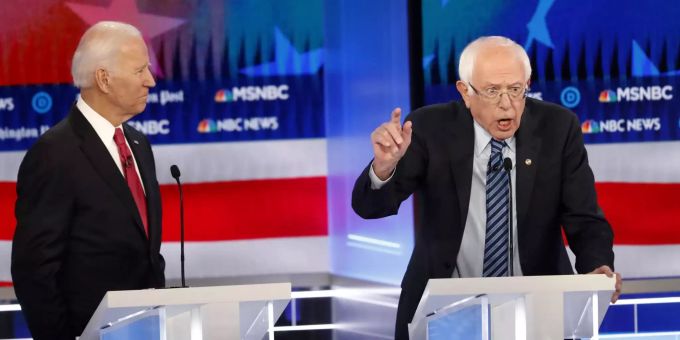 Bernie Sanders (rechts) und Ex-Vize-Präsident Joe Biden. Election 2020 Debate