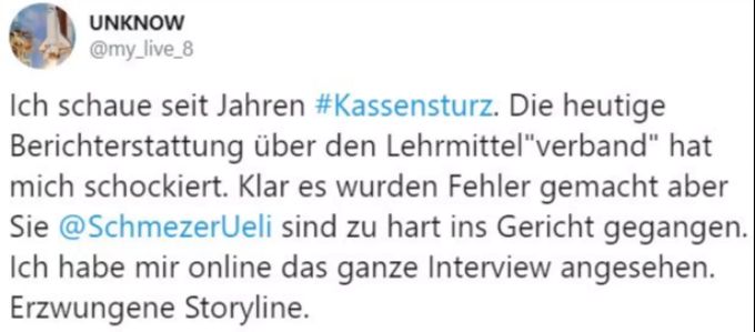 Twitter-User @my_live_8 kritisiert den Kassensturz und Moderator Ueli Schmezer. Kassensturz Twitter Ueli Schmezer