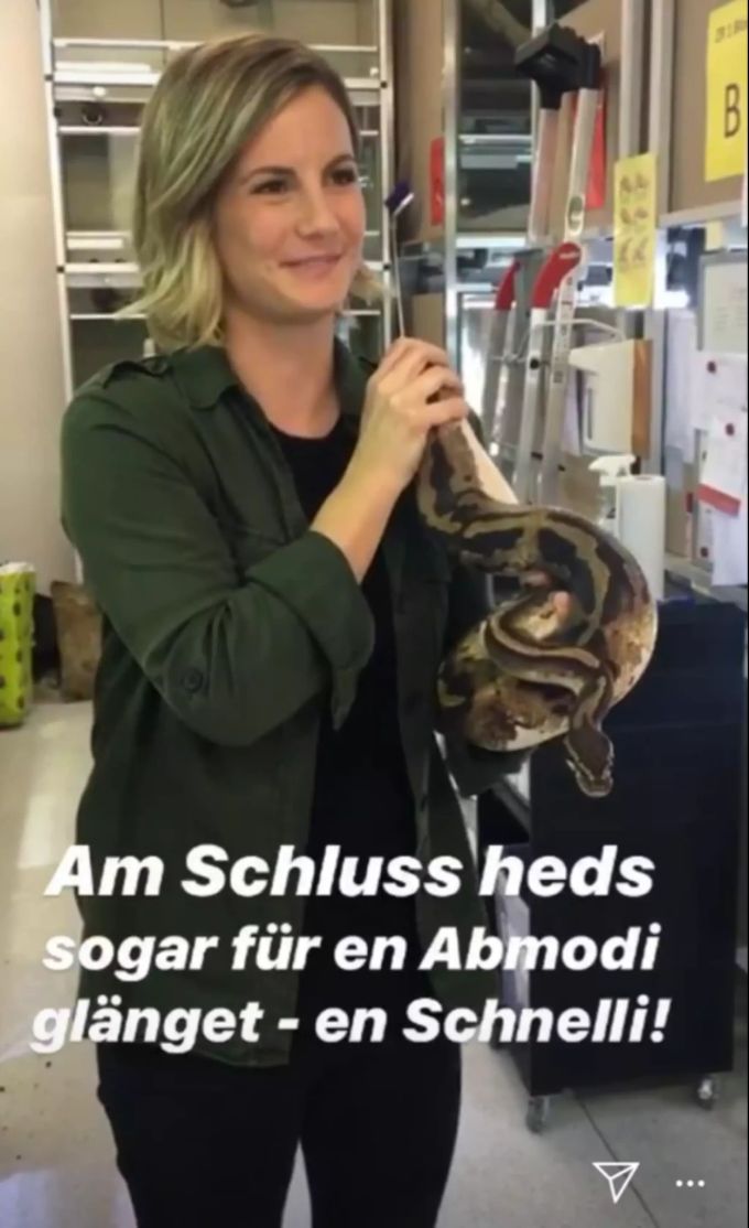«Samschtig-Jass»-Moderatorin Fabienne Bamert stellt sich ihrer grössten Angst: Sie trägt eine Schlange auf dem Arm. Fabienne Bamert «Samschtig-Jass»