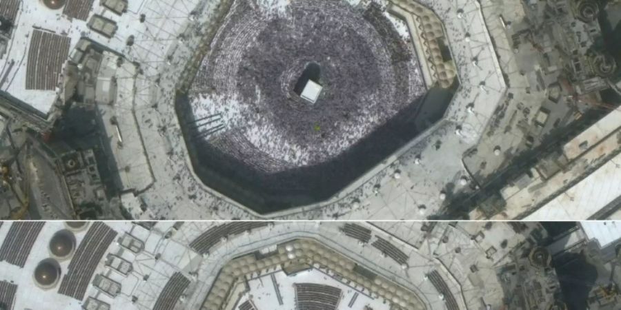 Crowds at Mecca's Grand Mosque and the Kaaba on February 14, 2020 (top) and a much smaller group of visitors on March 3, 2020