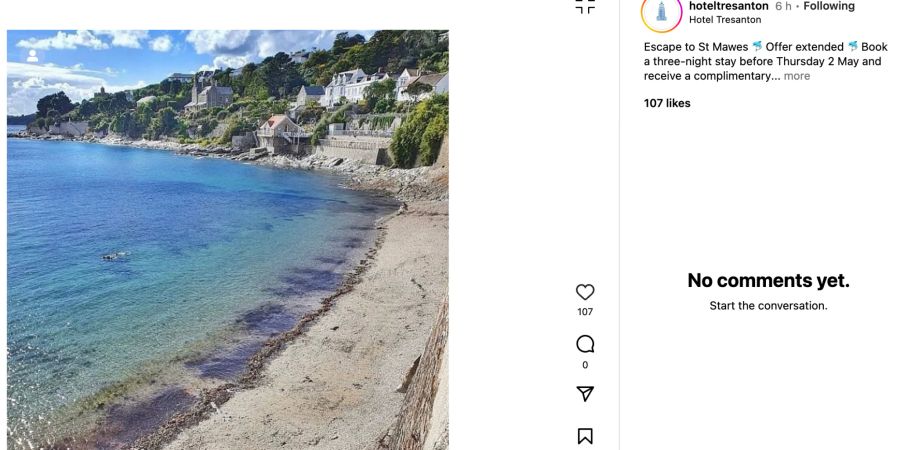 Instagram Post Meer und Strand in Cornwall.