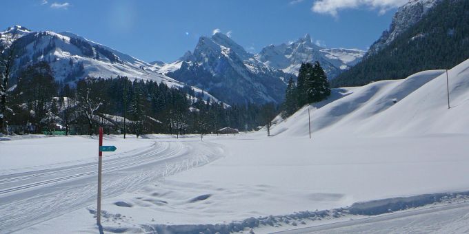 Abseits der Skipisten findet ihr am Wiriehorn 22 Kilometer Loipen und 7,5 Kilometer Winterwanderwege. Winter Schweiz
