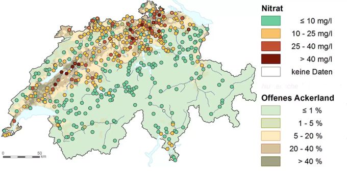 Die Nitrat-Messungen des Bundesamts für Umwelt im Grundwasser der Schweiz. Der Grenzwert liegt bei 25 mg/l. Grundwasser BAFU