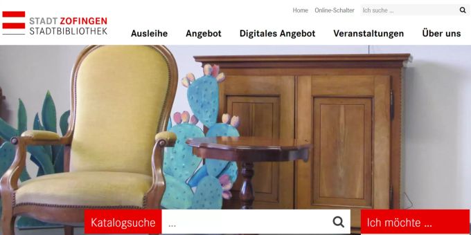 Startseite der neuen Webseite www.stadtbibliothek-zofingen.ch mit integrierter Katalogsuche. Webseite