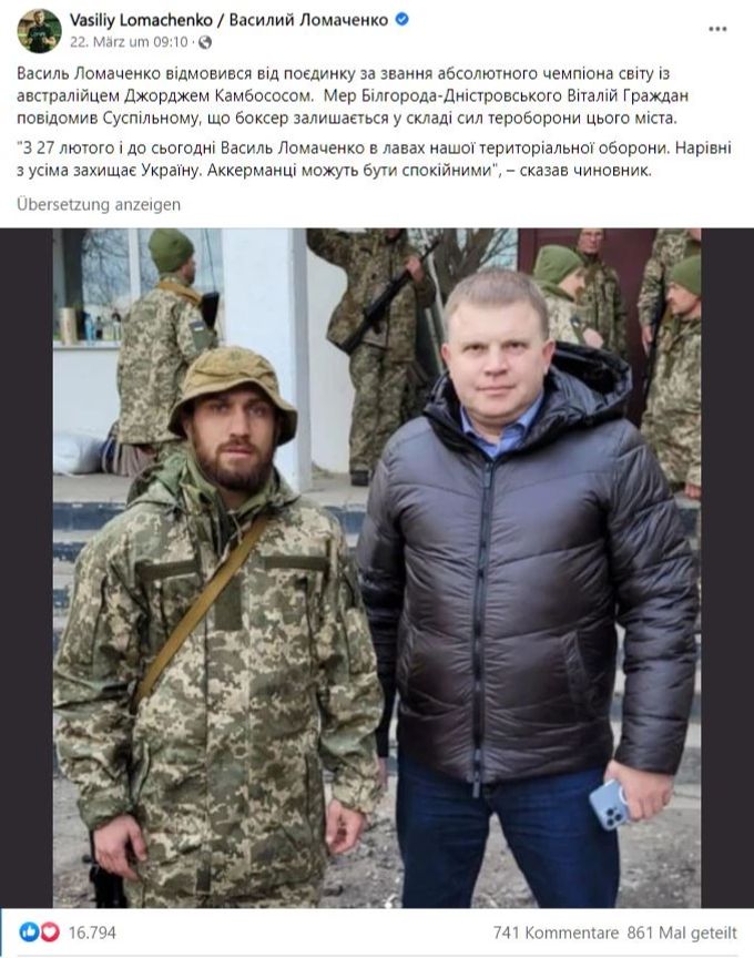 Vasiliy Lomachenko verteidigt sein Land gegen die russische Invasion. Vasiliy Lomachenko Ukraine Krieg