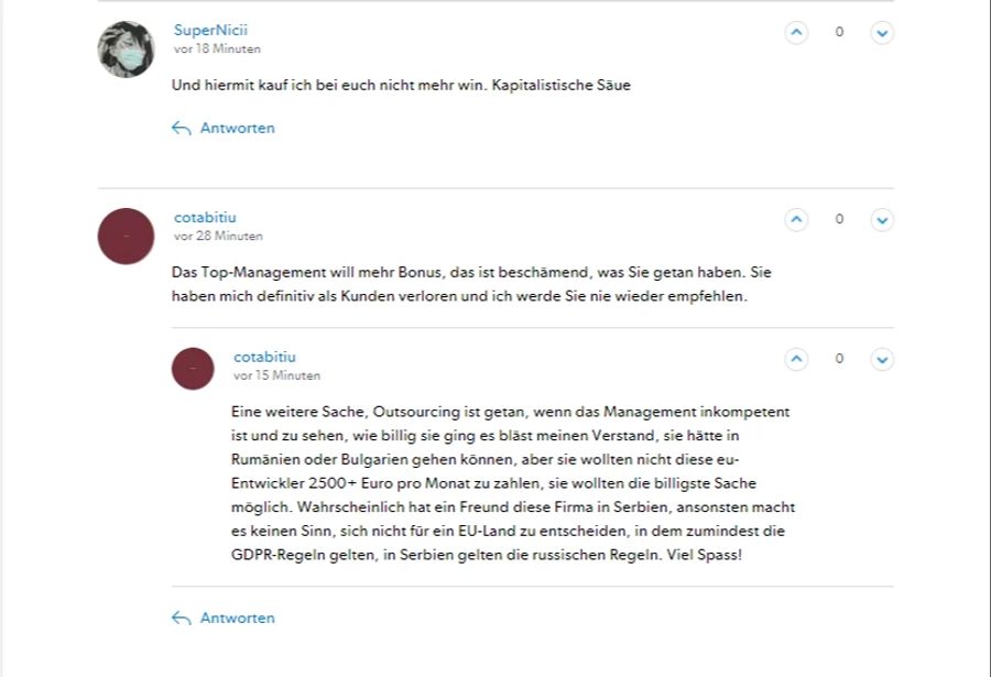 Kommentare auf Galaxus.ch zur Ankündigung, Entwicklerteams in Serbien aufzubauen.