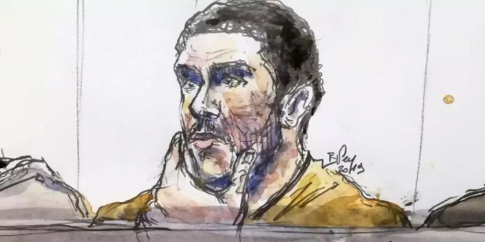 Gerichtszeichung von Mehdi Nemmouche Gerichtszeichung von Mehdi Nemmouche