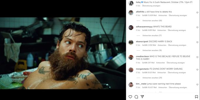 Harry Styles postete auf Instagram ein Bild aus einem Musikvideo, das am Donnerstagabend erscheinen soll. harry styles