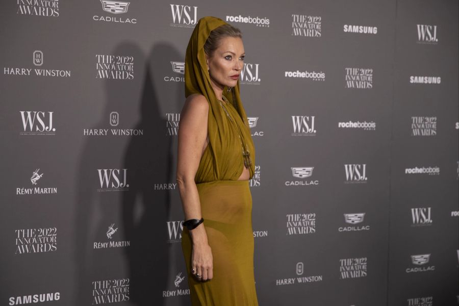 Das britische Model Kate Moss im durchsichtigen Kleid.