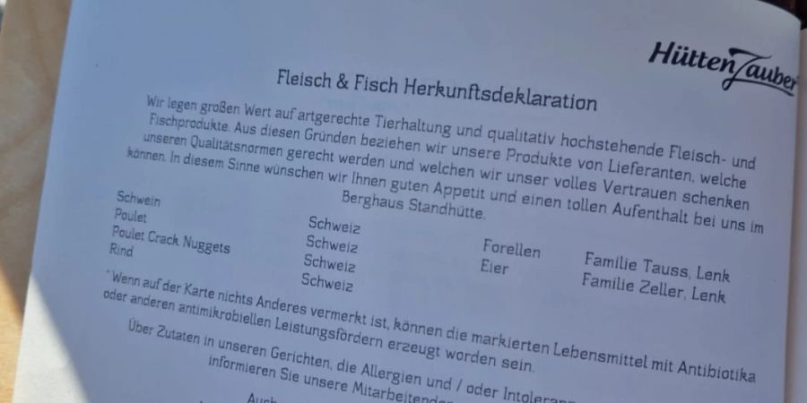 Die Skibeizen bieten mehr Vegi an – und auch die Fleisch essenden Gäste wollen offenbar wissen, woher die Produkte kommen. Eine Speisekarte des Restaurants Hüttenzauber in Andermatt BE.