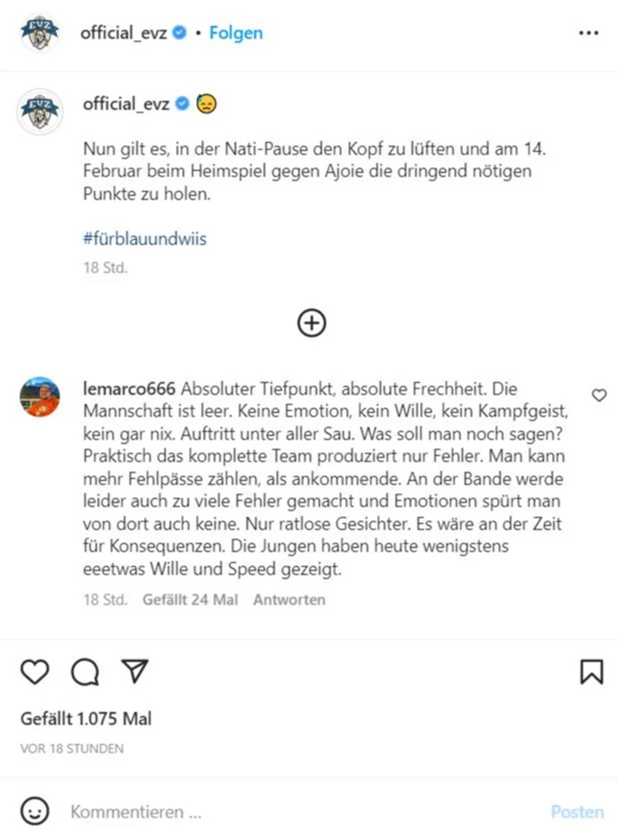 Die EVZ-Fans sind mit ihrer Mannschaft nicht zufrieden.