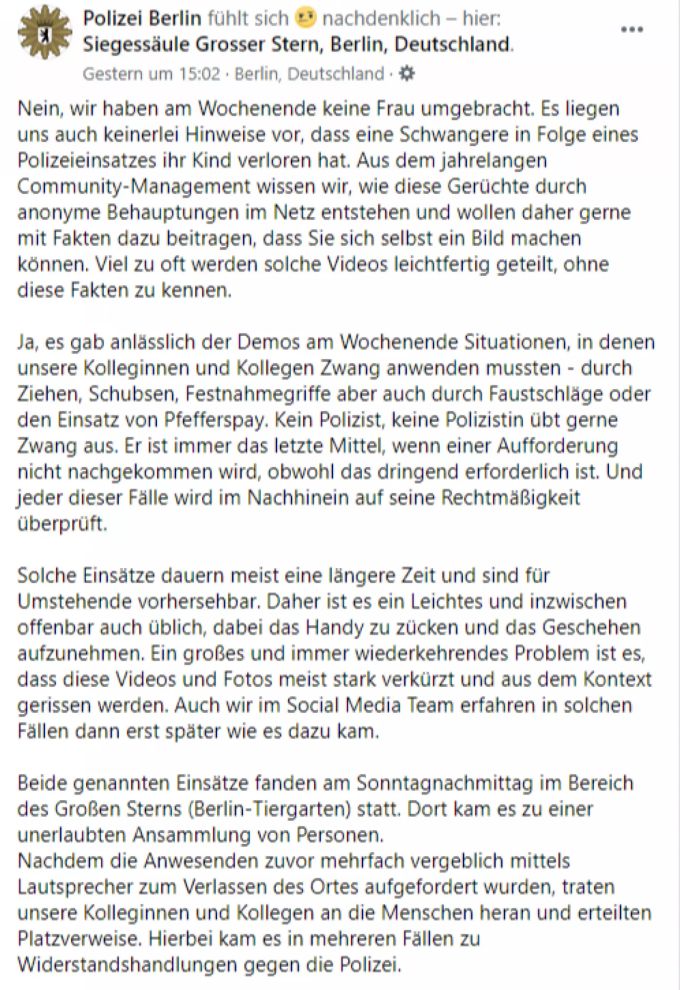 Die Polizei Berlin dementiert die Vorwürfe der Massnahmen-Kritiker auf Facebook. Polizei Berlin