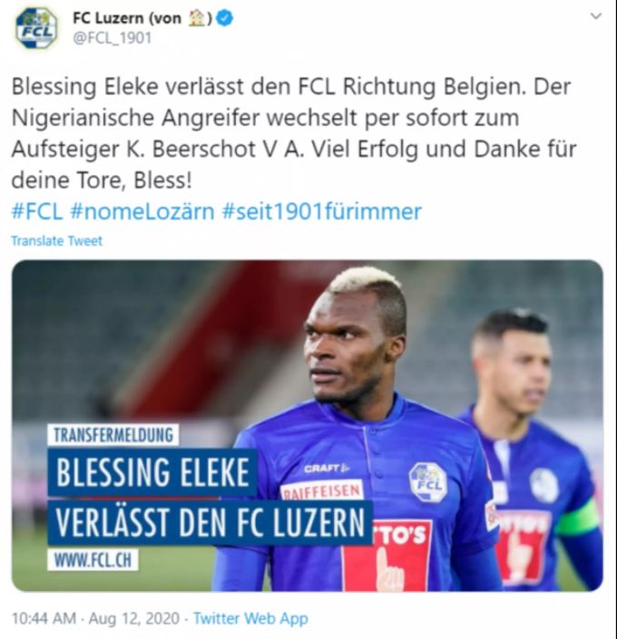 Der FC Luzern vermeldet den Transfer von Blessing Eleke. FC Luzern