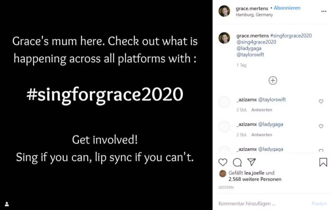 Die Mutter von Grace Mertens hat die Initiative #singforgrace2020 ins Leben gerufen. Grace Mertens