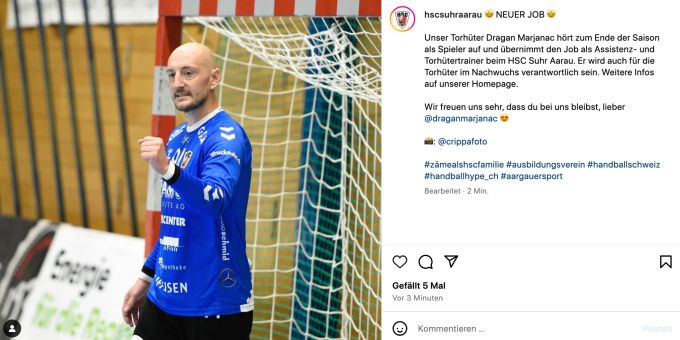 Der HSC Suhr Aarau teilt die Neuigkeiten auf Instagram mit. HSC Suhr-Aarau
