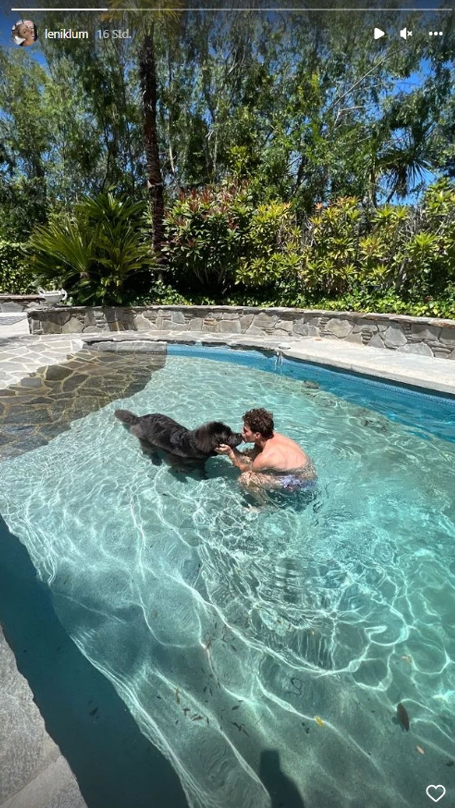 Ihr Freund Aris kühlt sich im Pool ab,