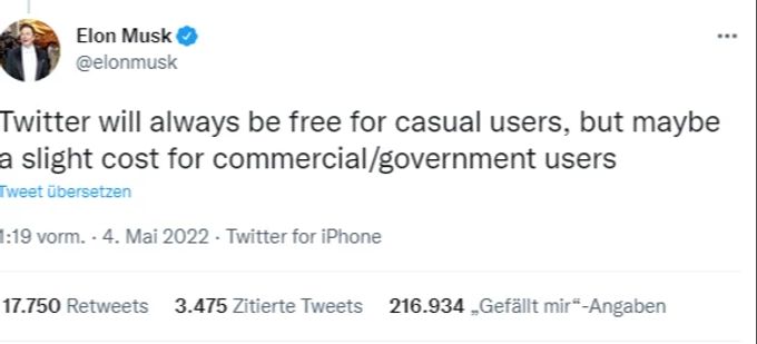 Elon Musk überlegt sich, Twitter für bestimmte User kostenpflichtig zu machen. twitter musk
