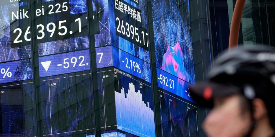 Digitalanzeige, die den japanischen Nikkei 225-Index anzeigt. Japans Zentralbank widersetzt sich dem globalen Trend zur geldpolitischen Straffung.