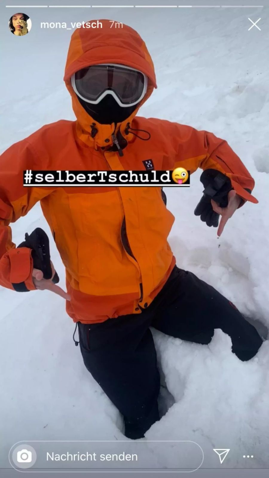 Mona Vetsch teilt in ihrer Instagram-Story ihr Pisten-Missgeschick vom Montag. Schuld hatte Sturmtief Sabine.