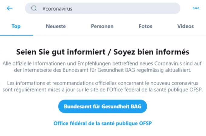 Bei Suchanfragen nach #Coronavirus verweist Twitter auf die Info-Seite des BAG. BAG Twitter