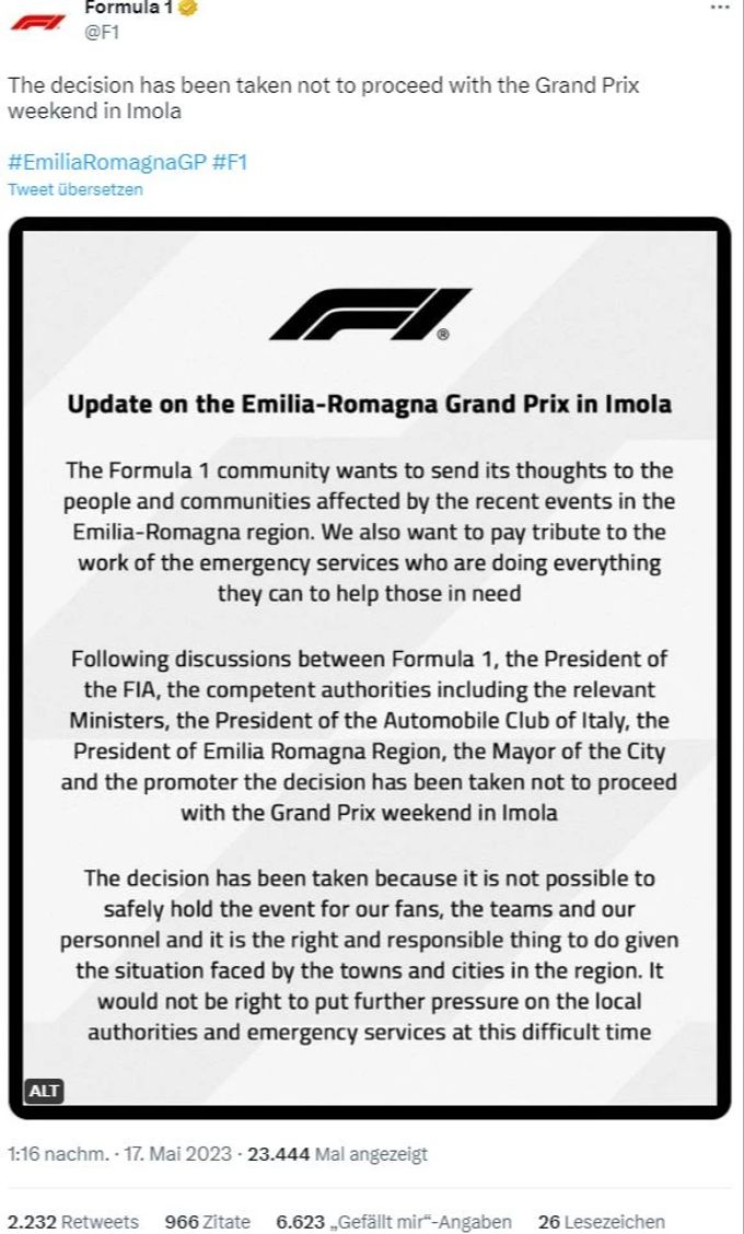 Die Formel 1 sagt den Imola-GP ab. Formel 1 Imola