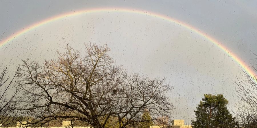 Der Regenbogen inklusive Regentropfen auf der Scheibe