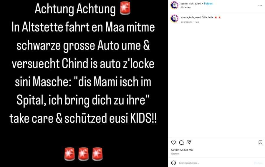Der Warn-Post von «Szene isch Züri».