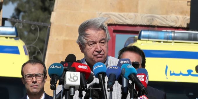 António Guterres am 23. März bei einer Pressekonferenz am Grenzübergang Rafah. (Archivbild) António Guterres Rafah Pressekonferenz
