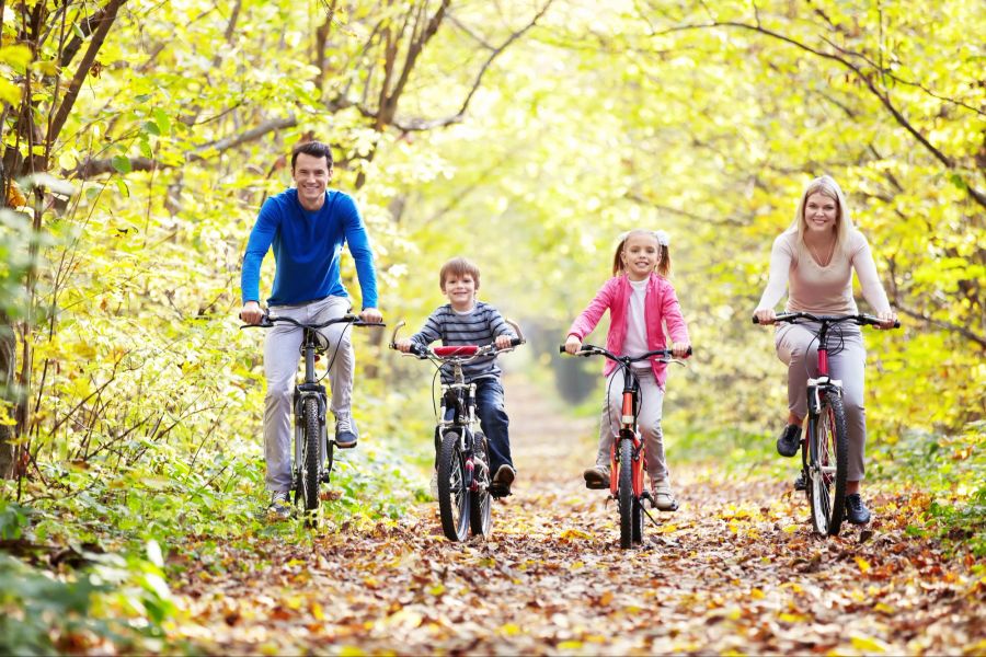 Familie macht eine Fahrradtour im Wald.