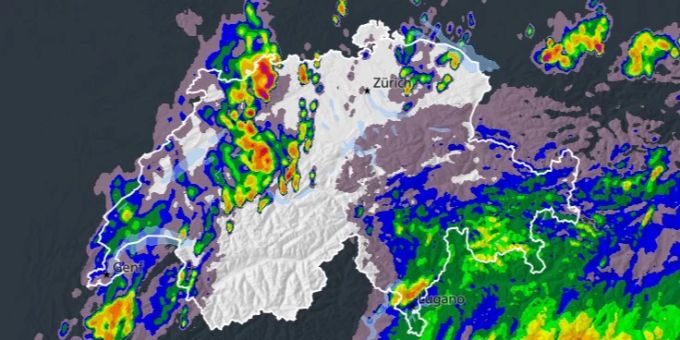 Die Karte von Meteo Schweiz zeigt, dass heute Abend Gewitter über die Schweiz ziehen werden. wetter
