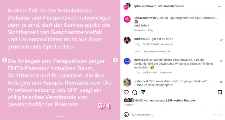 SP Frauen werfen SRF vor, ein völlig falsches Verständnis von gesellschaftlicher Relevanz zu haben.