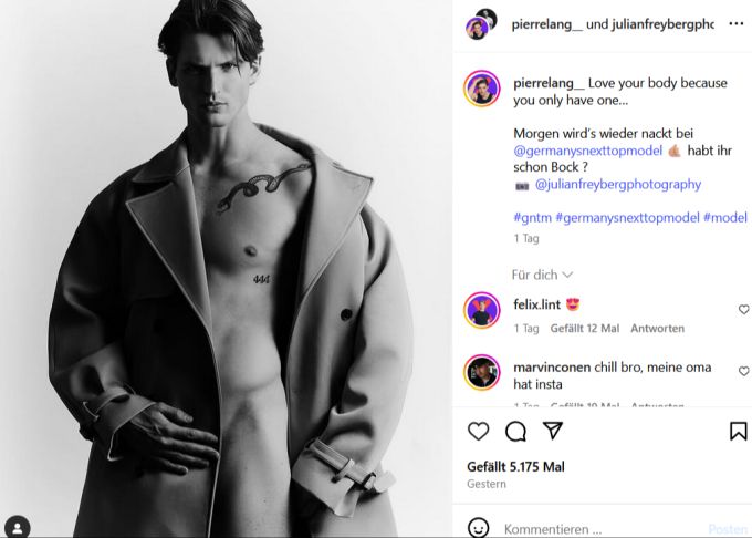 Pierre, Kandidat bei «GNTM», macht es nichts aus, nackt vor der Kamera zu posieren. gntm