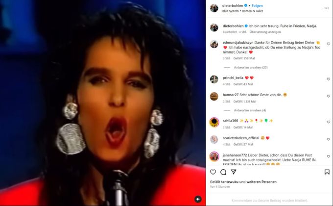Dieter Bohlen verabschiedet sich von seiner Ex-Freundin Naddel mit diesem Post auf Instagram: «Ich bin sehr traurig. Ruhe in Frieden, Nadja.« Dieter Bohlen Naddel