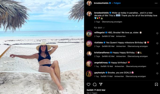 Brooke Shields feiert ihren 60. Geburtstag mit einem Bikini-Foto. brooke shields
