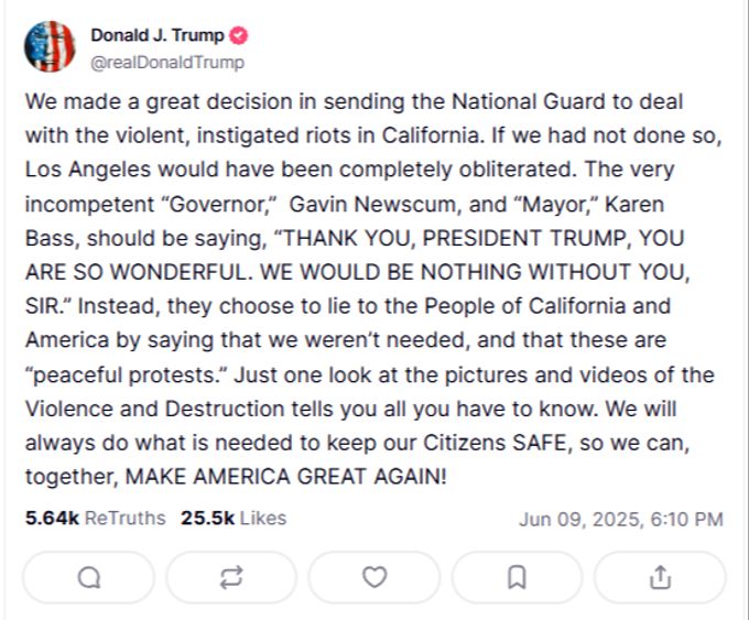 Der Post von Donald Trump auf seiner Plattform Truth Social. Trump